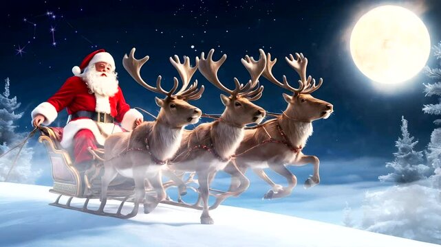 Santa Claus on Christmas Eve riding a reindeer sleigh,seamless looping 4k video background