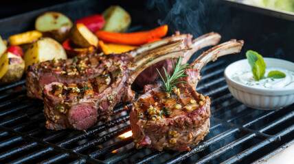 A plate of grilled meat and vegetables with a white bowl of sauce. Scene is inviting and delicious