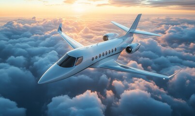 Isometric view of a futuristic electric airplane soaring through the clouds, showcasing sleek design and advanced technology