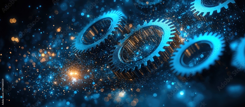Aufkleber close-up of interlocking gears with blue and gold bokeh
