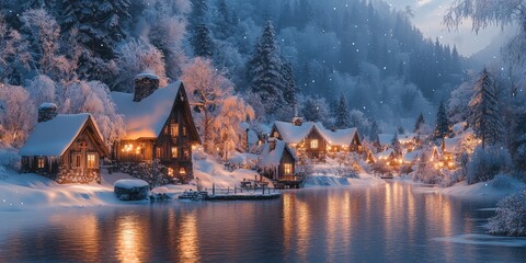 Fototapeta premium Winter Snow-covered Village at Night with Warm Glowing Lights