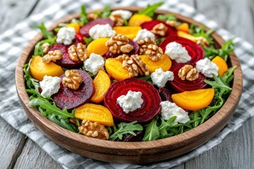 Beet salad Warm beets mixed with arugula goat cheese and sweet walnuts topped with tangy balsamic dressing for a balanced flavor