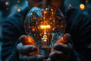 A Person Holding a Glowing Light Bulb With a Universe Inside