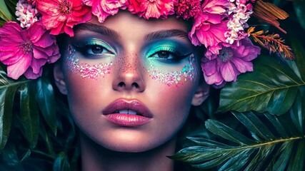 A woman with bright blue eyeshadow and glitter on her face wears a pink flower crown and poses surrounded by lush green foliage - Powered by Adobe