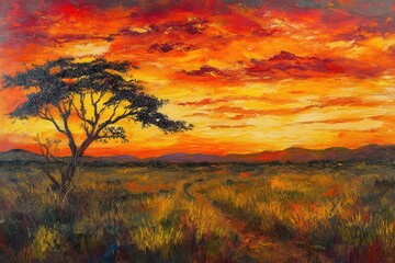 Naklejka premium An African savanna at sunset with the sky ablaze in oranges, reds, and yellows.