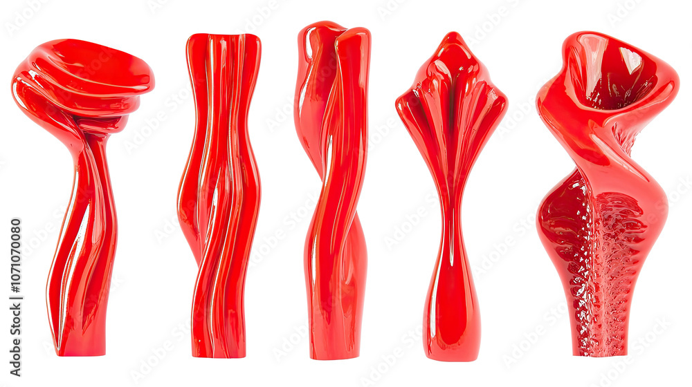 Poster collection of five unique red objects dripped in paint generative ai