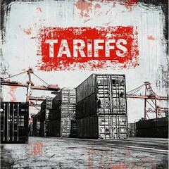Shipping containers in ship yard,  ILLUSTRATION WITH "TARIFFS" 