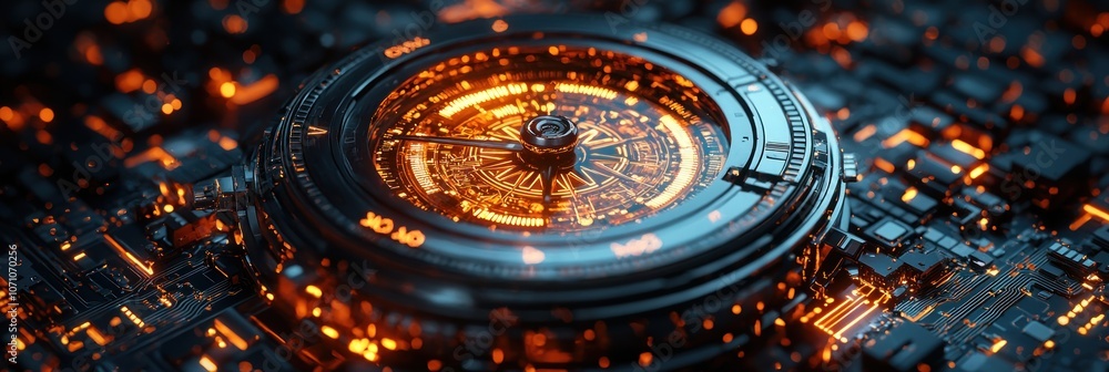 Poster Glowing Circuitry with Rotating Compass-Like Device