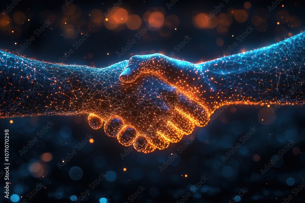Poster Two digital hands shaking in a glowing network pattern