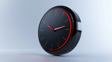 Sleek black wall clock with red accents and minimalist design, showcasing modern aesthetic. Perfect for contemporary interiors and timekeeping