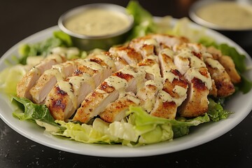 Caesar Salad with Chicken and Dressing on the Side Landscape Layout Room for Text