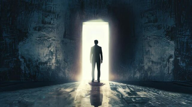 man stands in a dark hallway with a door in front of him. The hallway is empty and the door is open