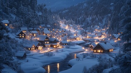 Winter Snow-covered Village at Night with Warm Glowing Lights