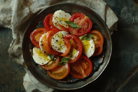 Caprese salad featuring sliced tomatoes mozzarella basil and olive oil presented on a vintage metal plate with a cloth napkin against a dark backdrop Aerial view Rustic aes