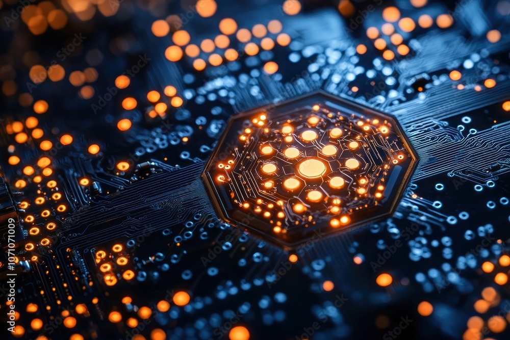 Poster Close-up of an illuminated circuit board with a central hexagonal component