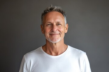 Cheerful self assured attractive older man in a white t shirt promoting skincare and dental health posing alone against a gray backdrop
