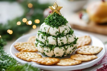 Cheese ball shaped like a Christmas tree served with crackers and garnished with herbs