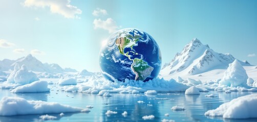 Earth globe rests on ice floe, melting glaciers, icebergs. Mountains, blue sky background. Climate change, global warming concept. Environmental, ecology, nature, world, future, planet, ice, frozen,