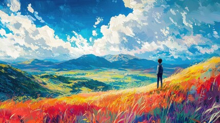 A lone figure stands on a grassy hill overlooking a valley and mountains, with a vibrant blue sky and fluffy clouds.