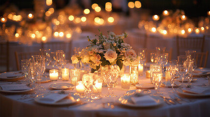 白いクロスとキャンドルが飾る結婚式のテーブルセッティング
