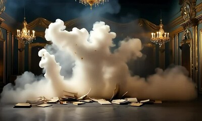 abstract smoke against the background of shelves with books fills the library