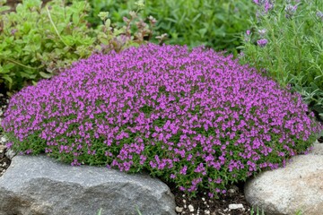 Close up macro shot of fragrant creeping thyme a beautiful and beneficial food and medicinal plant in a sunny field