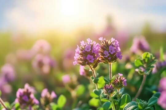 Close up macro shot of blooming Thymus serpyllum a fragrant wild thyme thriving in a sunny field a lovely culinary and medicinal herb