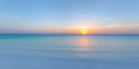 Fototapeta premium Sun rising over an empty white sand beach with calm turquoise water, minimalistic, serene, calm