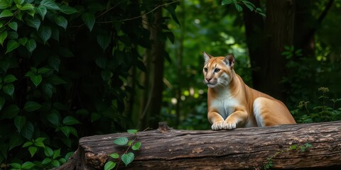 young puma with ivy crown sitting on log in forest, foliage, forest, tranquil