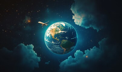 3D cartoon planet Earth with a plane flying around it, representing travel and exploration
