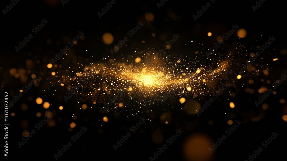 Poster a bright firework burst in gold and yellow with glittering particles, exploding against a blurred da