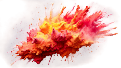 An intense burst of colorful powder in shades of red, yellow, and orange, suspended in mid-air on a transparent background. The powders create a vibrant, explosive effect.