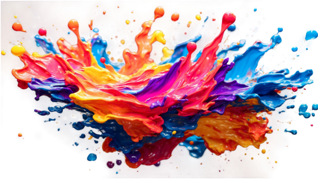 A vibrant splash of rainbow-colored paint, captured mid-air with droplets suspended on a transparent background. The colors blend and overlap in a lively, energetic display.