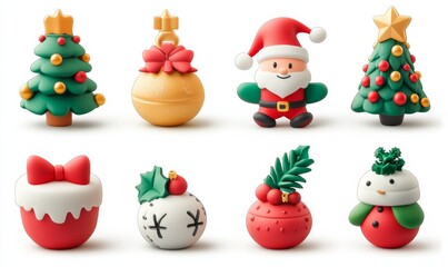 Set of 3D cartoon Christmas icon white background