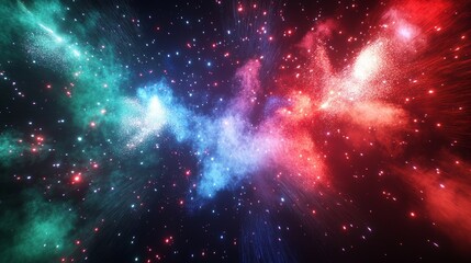 A collection of fireworks in vibrant colors like red, blue, and green with dust particles and light trails, creating an abstract display of celebration against a dark sky