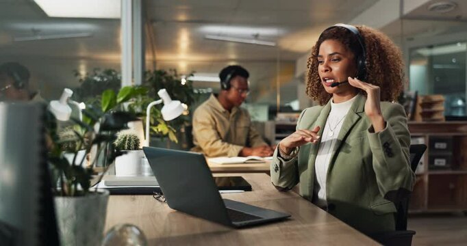 African woman, call center and laptop with advice at office, reading and telemarketing at night. Person, consultant and headset with mic, pc and customer service with voip for tech support at startup