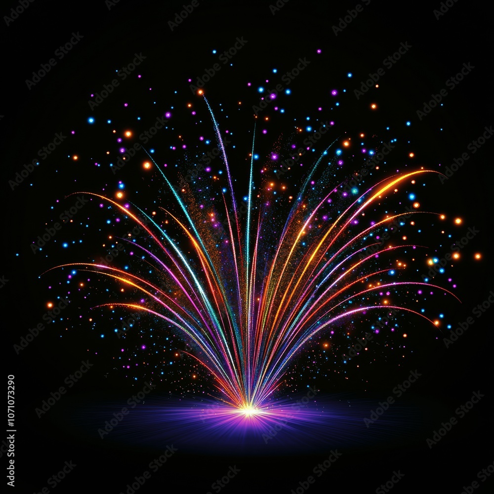 Poster a colorful display of fireworks with multicolored particles and bright trails, illuminating a night 