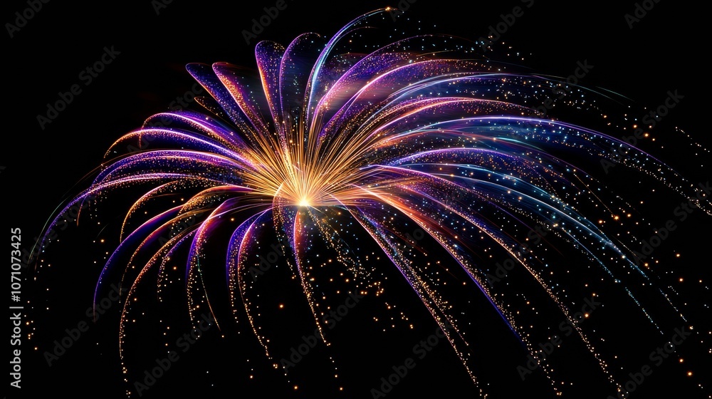 Poster a colorful firework burst with glittering particles and bright light trails, set against a dark sky 
