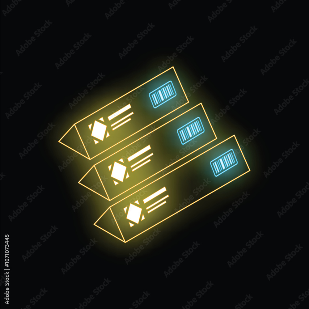 Aufkleber neon server rack icon is glowing on a black background, representing data storage and network infras