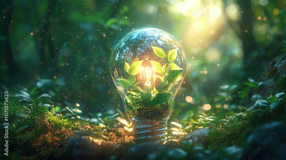 Poster A Lightbulb Containing Green Plants in a Forest Setting