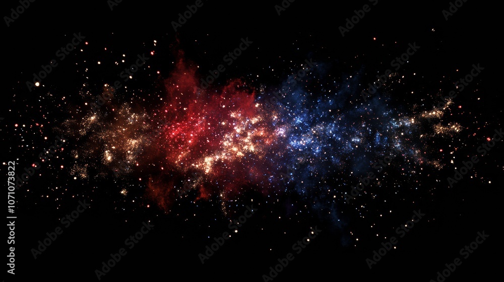 Poster a digital rendering of fireworks with layered, sparkling effects in red, gold, and blue, creating a 