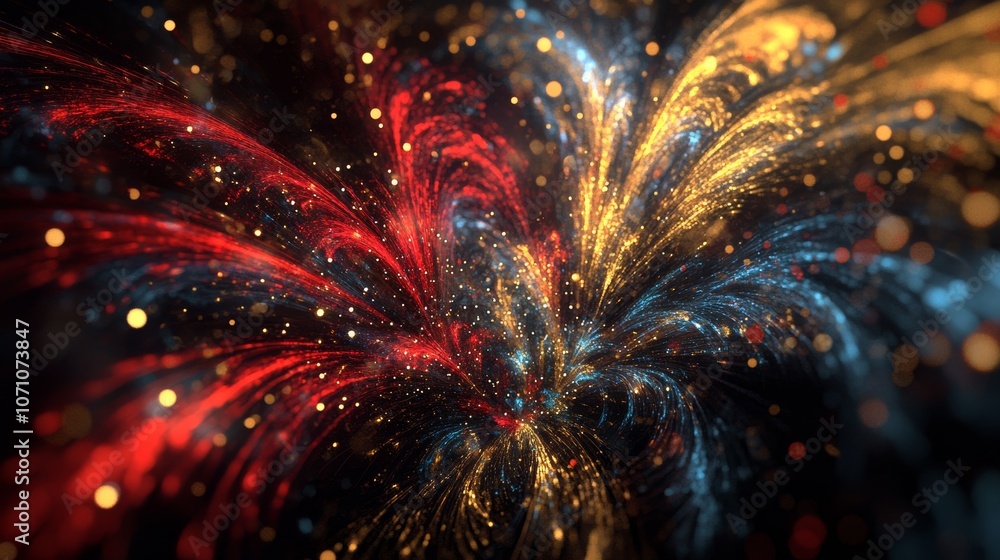 Poster a digital rendering of fireworks with layered, sparkling effects in red, gold, and blue, creating a 
