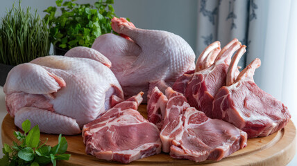 A variety of meats, including chicken and beef, are displayed on a wooden cutting board. Concept of abundance and variety, as well as the idea of a meal being prepared or served