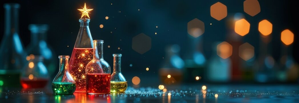 creative arrangement of lab glassware, flasks test tubes, with colorful liquids in shape of Christmas tree with golden star, dark background, copy space. festive science, Christmas in lab concept.