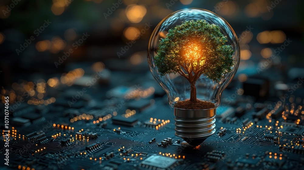 Poster a tree growing inside a light bulb on a circuit board