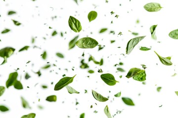Dried oregano pieces in motion against a white background