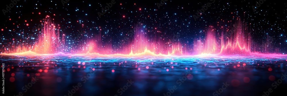 Poster abstract neon light cityscape with glowing lines and bokeh effects
