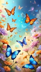 Colorful butterflies dance gracefully among a variety of blooming flowers, illuminated by the warm light of sunrise, creating a peaceful garden atmosphere. Generative AI