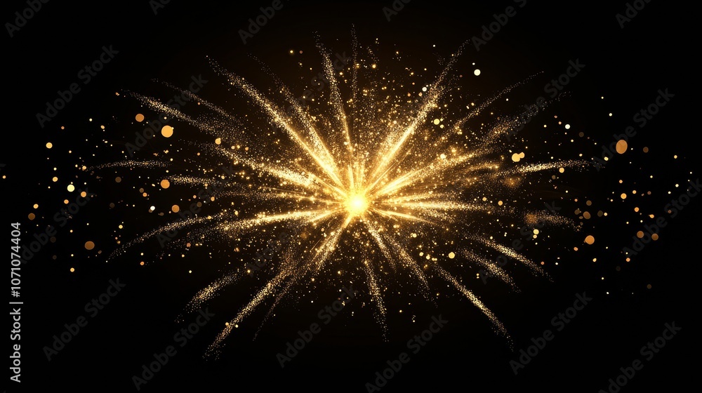 Poster a golden firework explosion with trailing particles, illuminating a dark background with a shimmerin