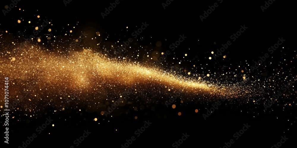 Poster a large firework explosion in gold and red with dust particles and glittering sparks, against a blac